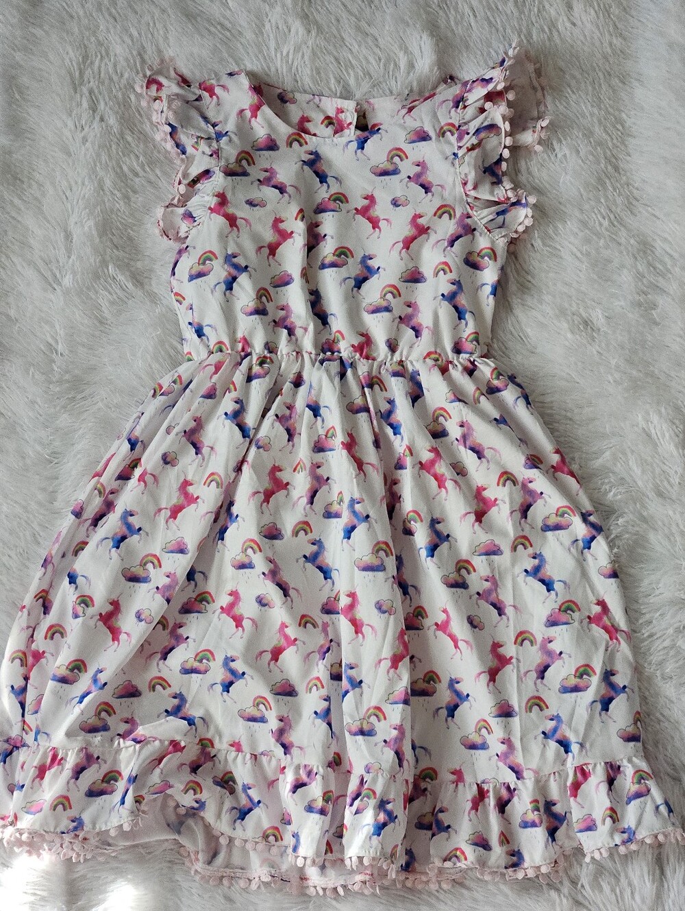 Lola +The Boys White Unicorn & Rainbow Ruffle Dress W/ Flutter Ric Rac Sleeves